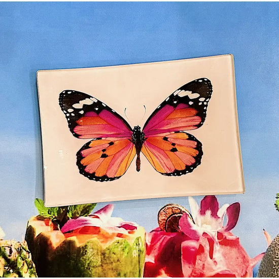 glass tray - decoupage - pink sardinia butterfly by ben's garden