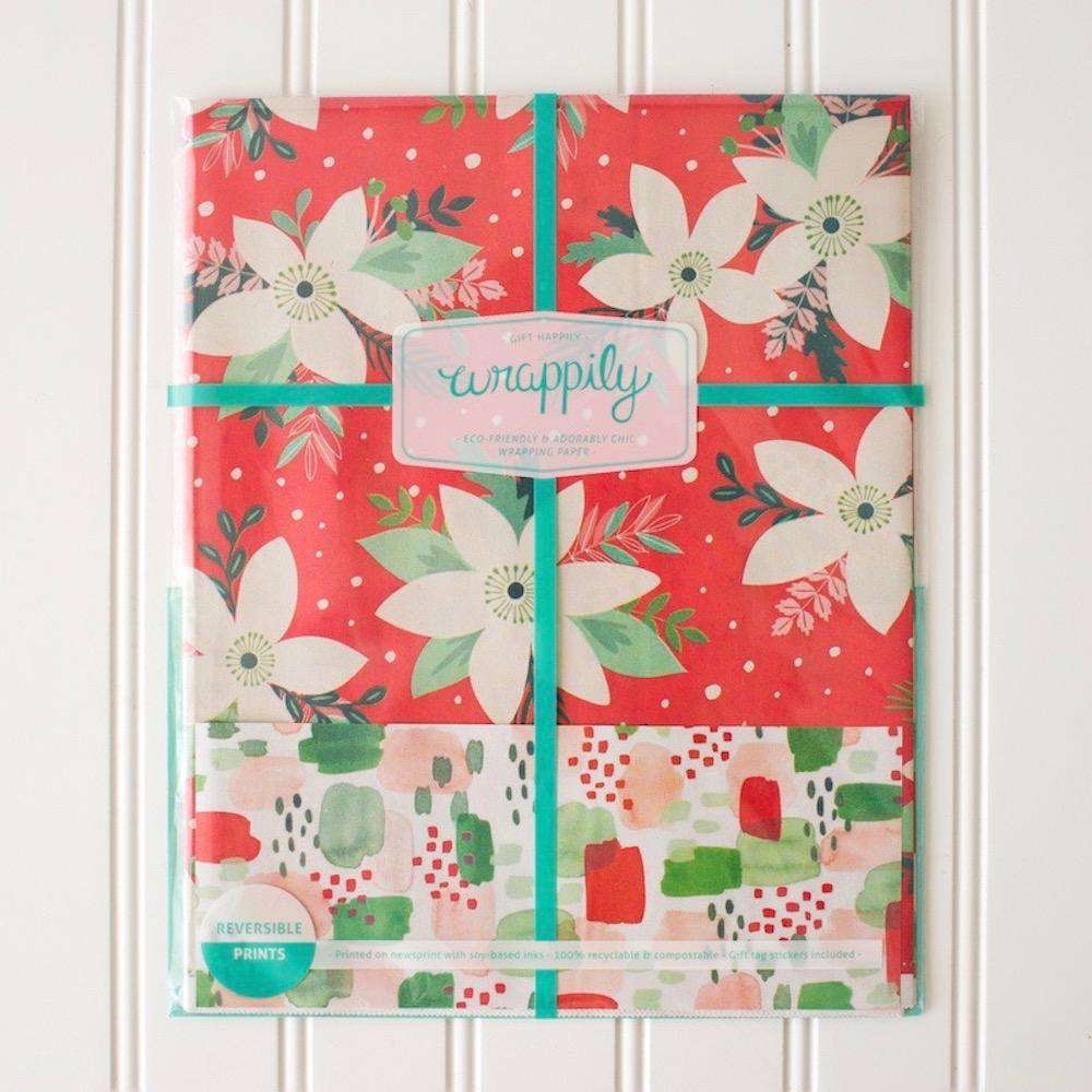 wrapping paper - 2-sided eco - poinsettia/painterly by wrappily eco gift wrap co.