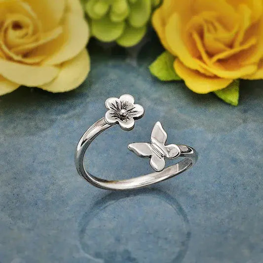 ring - sterling butterfly & flower - adjustable size 7 by nina designs