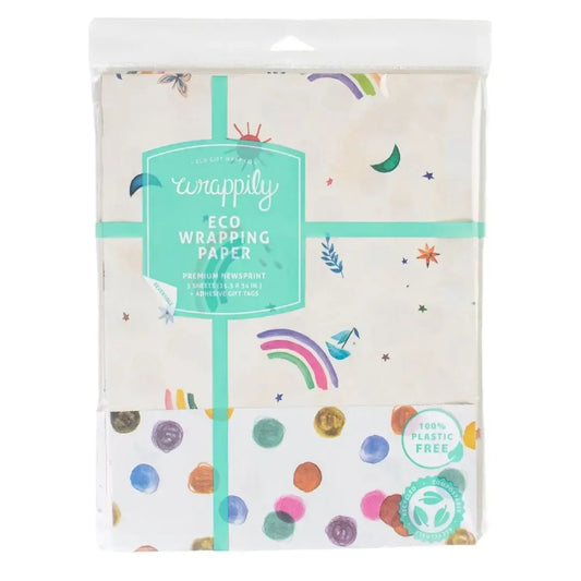 wrapping paper - 2-sided eco - rainbow sails/dots by wrappily eco gift wrap co.