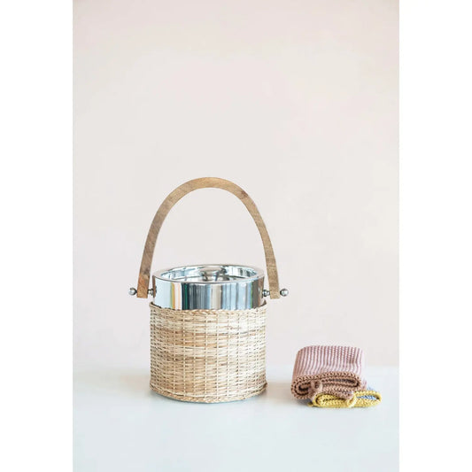 ice bucket - stainless - rattan & mango wood by creative co-op