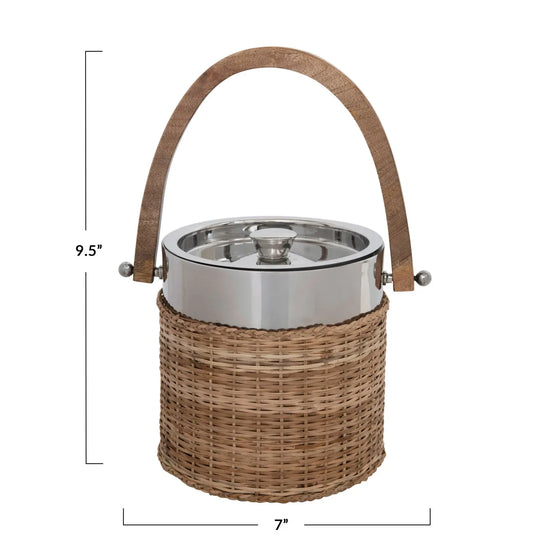 ice bucket - stainless - rattan & mango wood by creative co-op