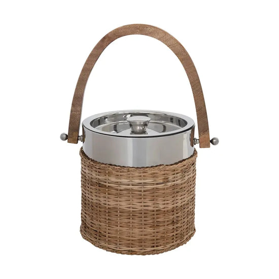 ice bucket - stainless - rattan & mango wood by creative co-op