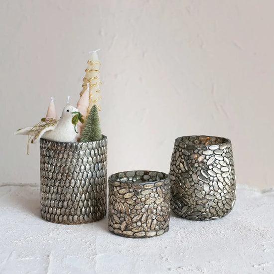candle holder - votive - glass mosaic - oxidized pewter by creative co-op