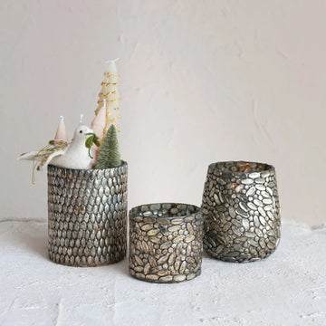 candle holder - votive - glass mosaic - oxidized pewter by creative co-op