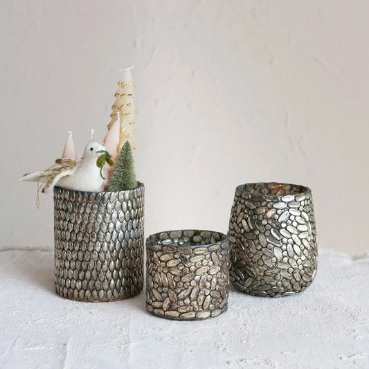 candle holder - votive - glass mosaic - oxidized pewter by creative co-op