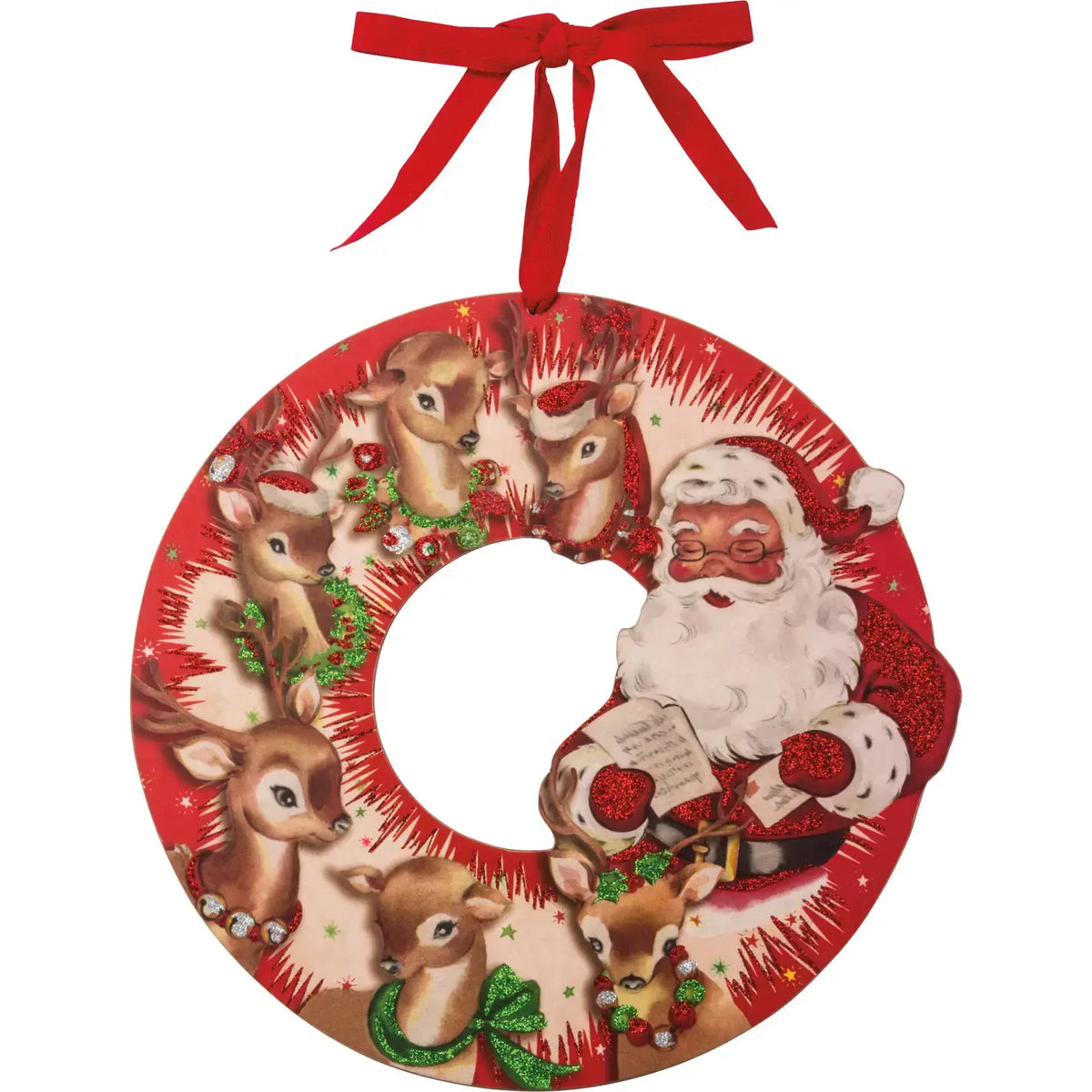 wreath - wooden 13" - retro reindeer & santa by primitives by kathy
