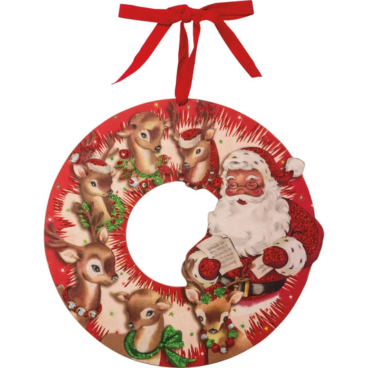 wreath - wooden 13" - retro reindeer & santa by primitives by kathy