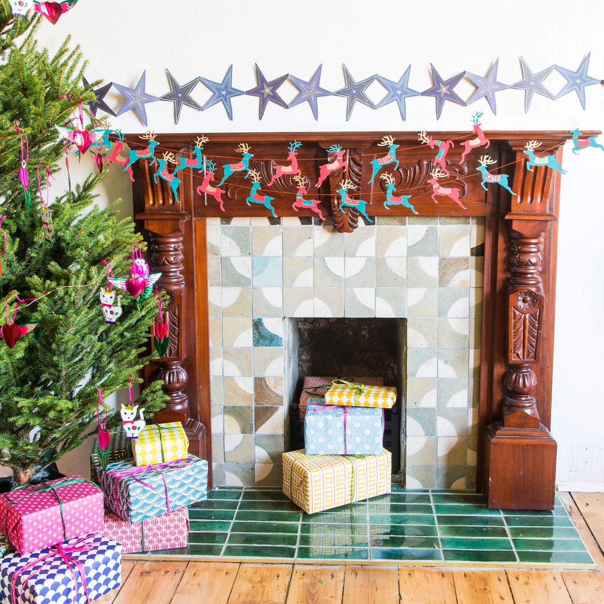 garland - recycled cotton paper - bright reindeer by east end press