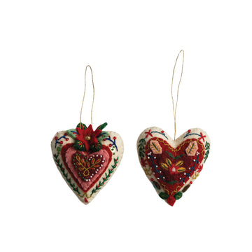 Ornament | Wool Felt Heart | Embroidery & Beads | 2 Styles, Assorted
