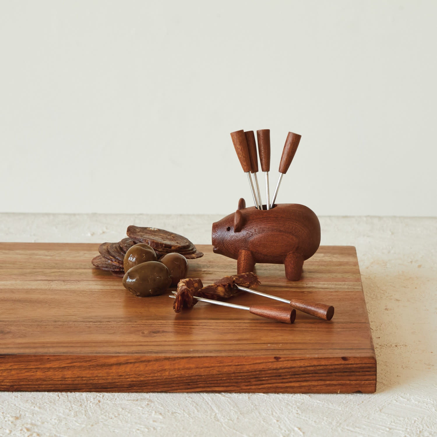 pig-shaped holder + picks - sapele wood by creative co-op