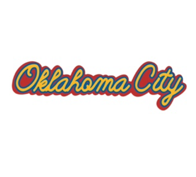 sticker - oklahoma city - script yellow blue red by plenty