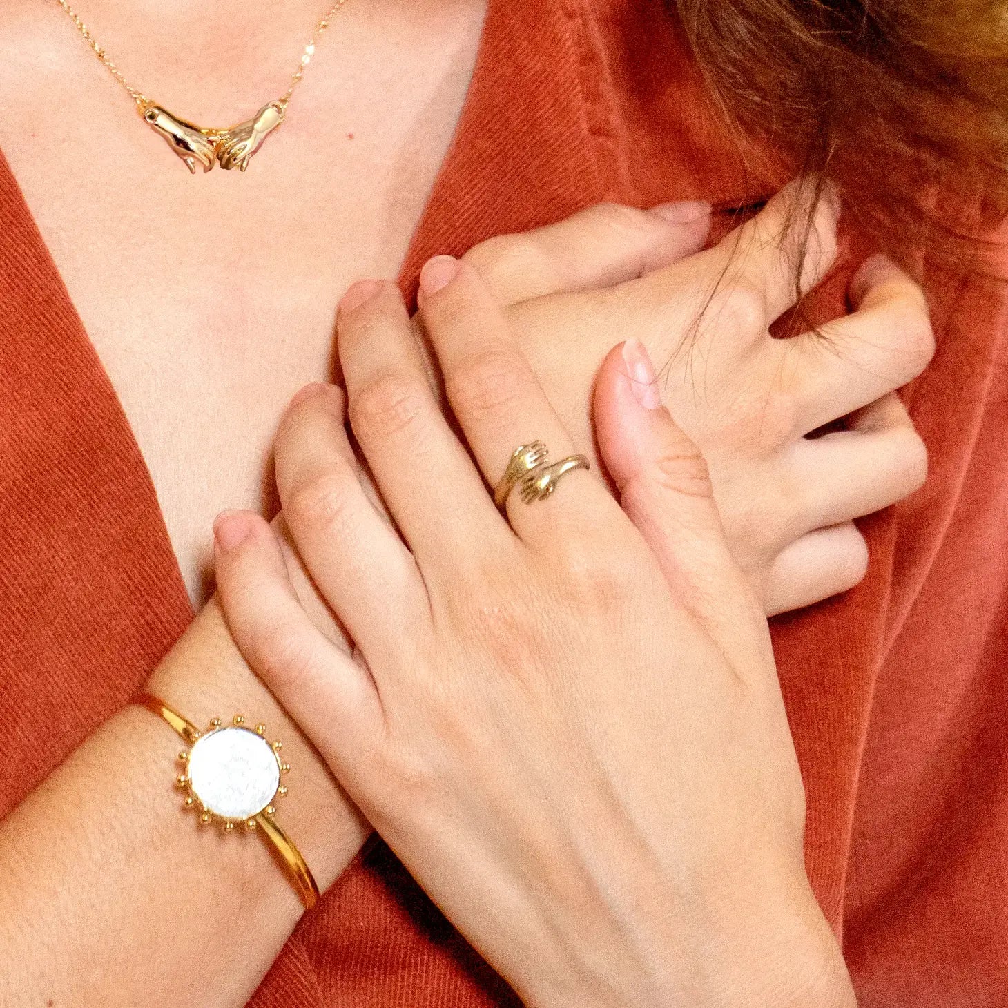 necklace - script - holding hands pendant - 24k gold plated by peter and june