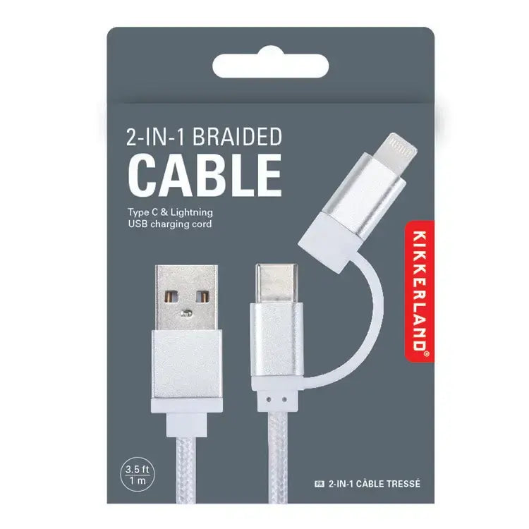 cable - 2-in-1 braided - silver by kikkerland