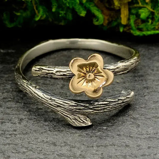 ring - cherry blossom branch - sterling & bronze - adjustable by nina designs