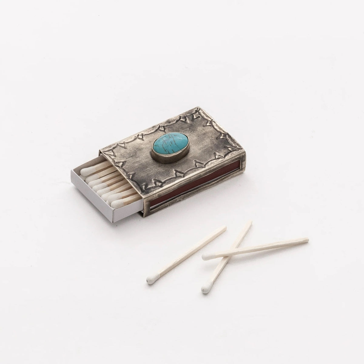 matchbox cover w/turquoise stone - stamped silver by j. alexander rustic silver