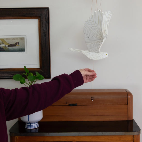 mobile - flying - snowy owl by tulia's artisan gallery