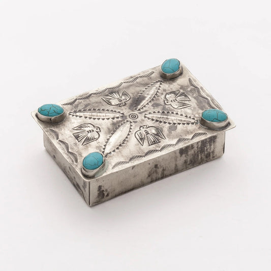 box - stamped silver "repousse" - turquoise corners by j. alexander rustic silver