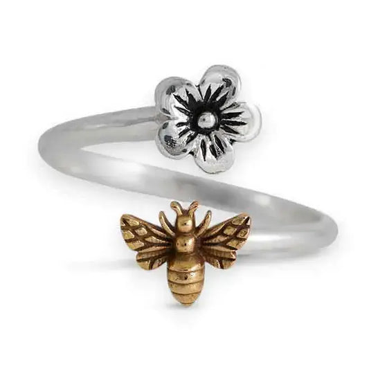ring - flower & bee - sterling silver - adjustable by nina designs