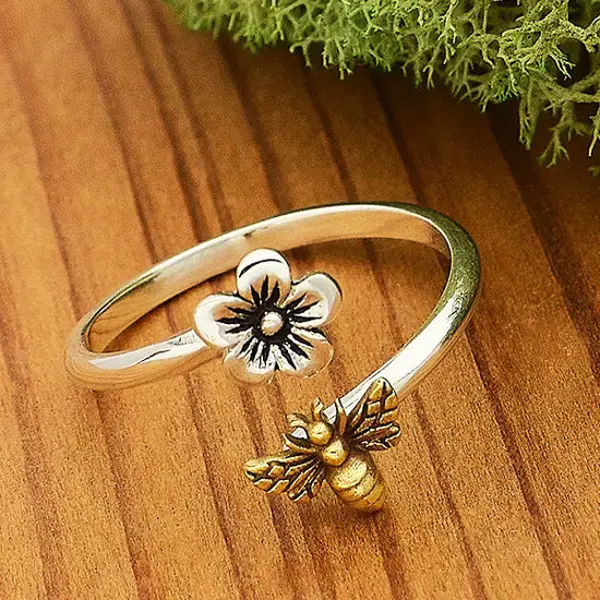 ring - flower & bee - sterling silver - adjustable by nina designs
