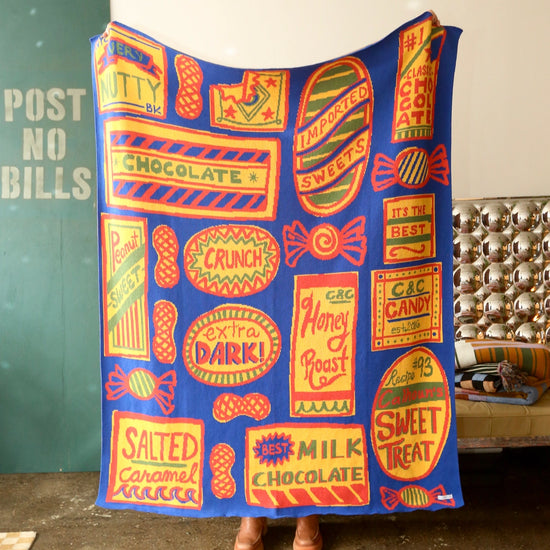 blanket - recycled cotton/acryclic - sweet treats - blue/yellow/red/green by calhoun & co.