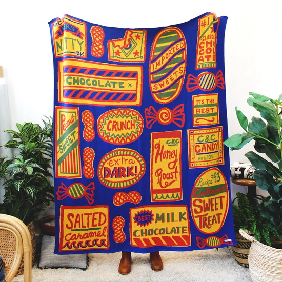 blanket - recycled cotton/acryclic - sweet treats - blue/yellow/red/green by calhoun & co.