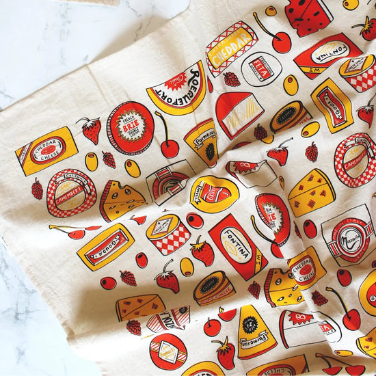 tea towel - screen printed - cheese shop - yellow/red/brown by calhoun & co.