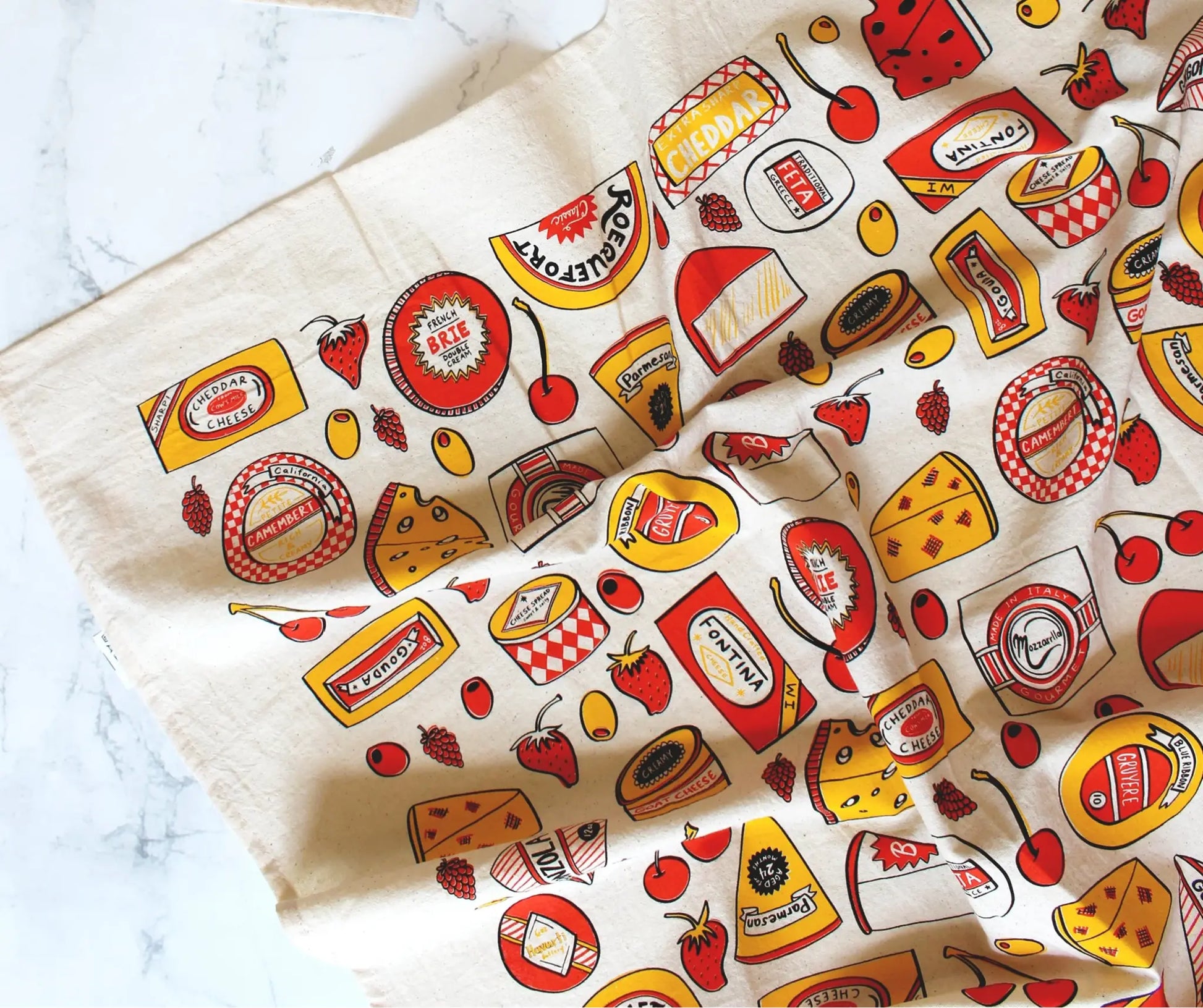 tea towel - screen printed - cheese shop - yellow/red/brown by calhoun & co.