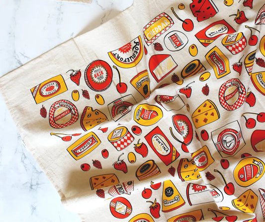 tea towel - screen printed - cheese shop - yellow/red/brown by calhoun & co.