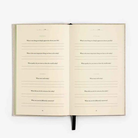 book - three question journal - daily wellbeing - linen by intelligent change