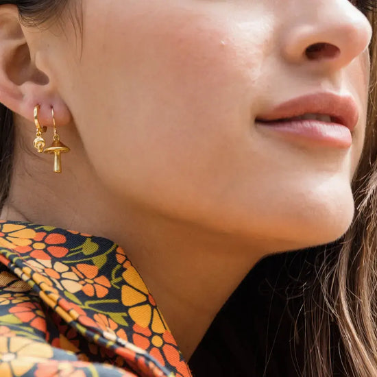 earrings - tiny mushroom huggies - 24k gold plate brass by amano studio