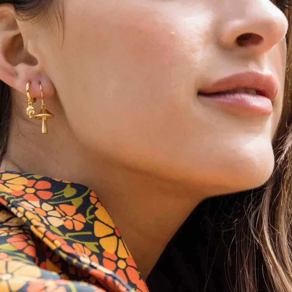 earrings - tiny mushroom huggies - 24k gold plate brass by amano studio