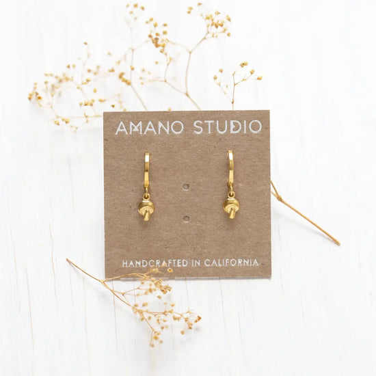 earrings - tiny mushroom huggies - 24k gold plate brass by amano studio