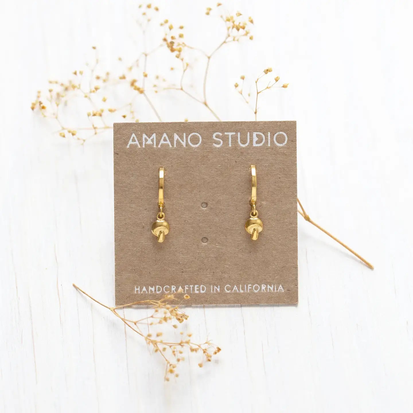 earrings - tiny mushroom huggies - 24k gold plate brass by amano studio