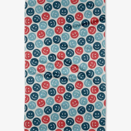 tea towel - microfiber - smiley face red/blues by geometry house