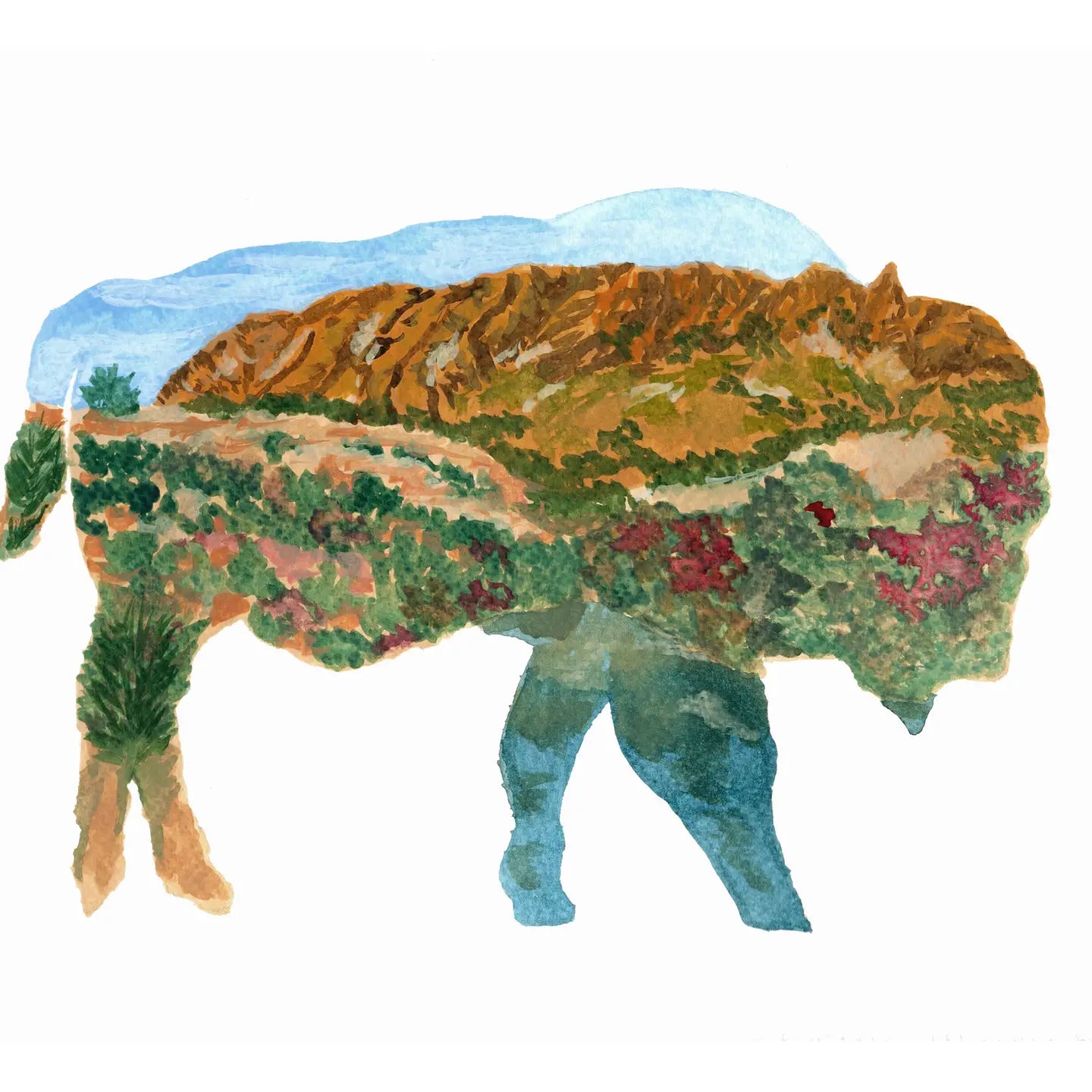art print - 8x10 - bison outline/wichita mountains (watercolor) by scissortail prints co.