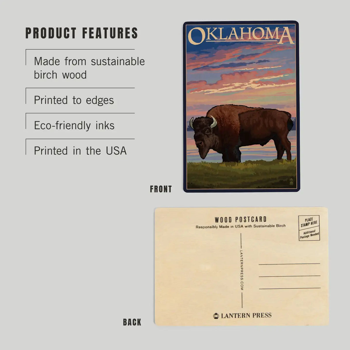 postcard - wood - bison sunset by lantern press