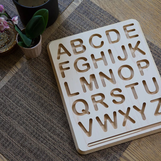 toy - tracing board + stylus - wooden alphabet by beginagain