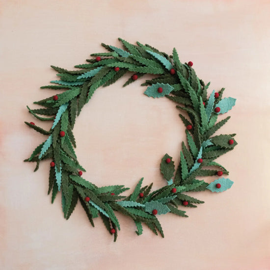 wreath - wool felt - green leaves - red berries by creative co-op