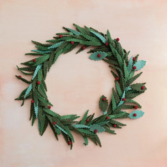 wreath - wool felt - green leaves - red berries by creative co-op