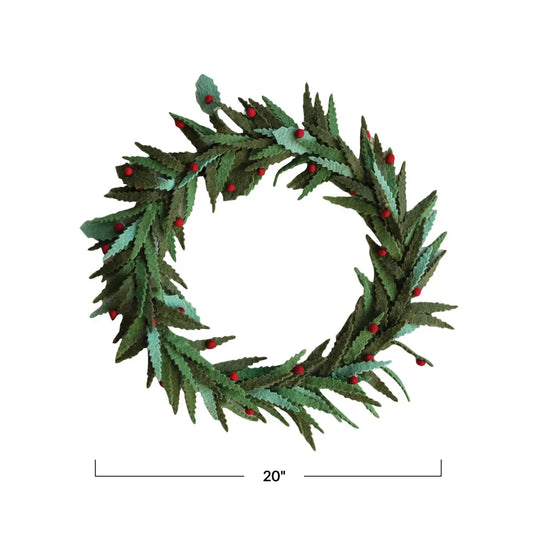wreath - wool felt - green leaves - red berries by creative co-op
