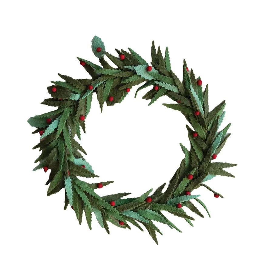 wreath - wool felt - green leaves - red berries by creative co-op