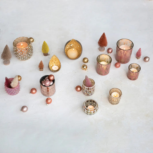 tealight holder - mosaic glass - antique pink by creative co-op