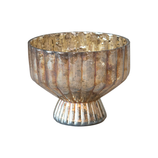 candle holder - mercury glass - pleated + footed - antique silver finish by creative co-op