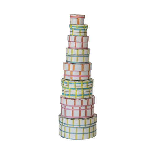 round gift box - printed paper - plaid by creative co-op
