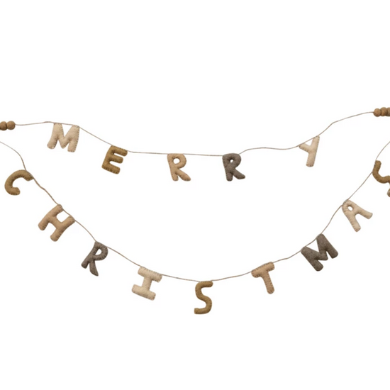 garland - merry christmas wool felt double layer - poms & jute cord - neutral multi color by creative co-op