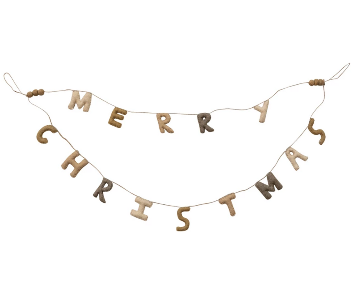 garland - merry christmas wool felt double layer - poms & jute cord - neutral multi color by creative co-op