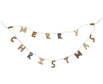 garland - merry christmas wool felt double layer - poms & jute cord - neutral multi color by creative co-op