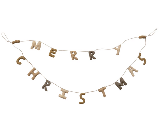 garland - merry christmas wool felt double layer - poms & jute cord - neutral multi color by creative co-op